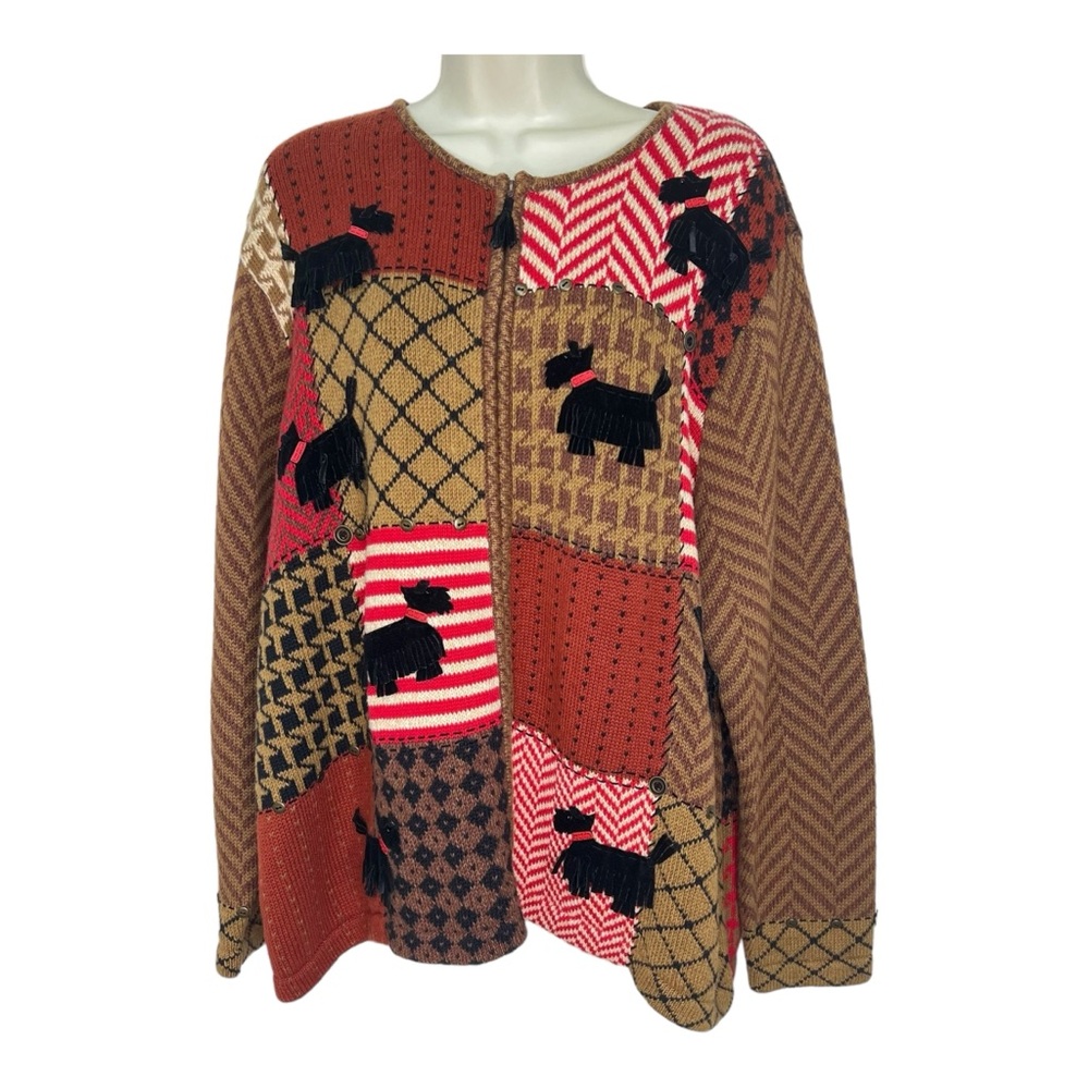 Vintage 90’s Susan Bristol Scottie Dogs Patchwork Cardigan Sweater Jacket VTG